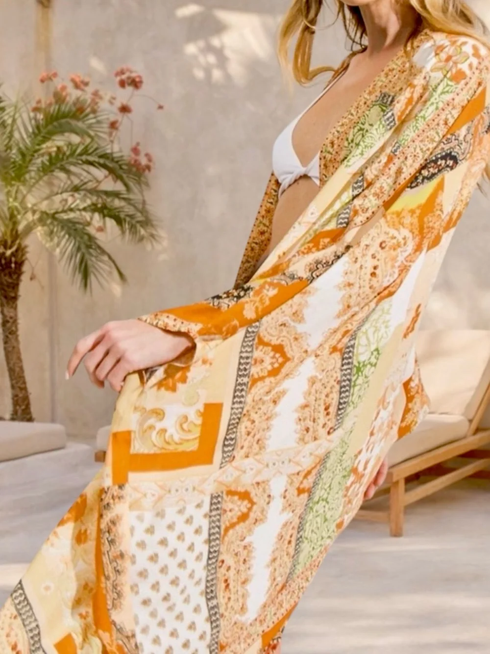 Scarf Print Boho Kimono Duster | Lightweight Beach Cover Up | Orange Patchwork